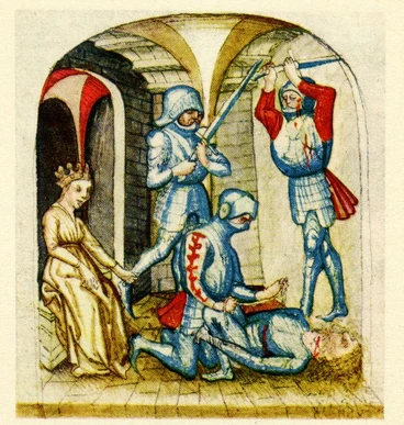 Kriemhild orders the Huns to strike off her brother Gunther's head in revenge for the murder of Siegfried.  15th century ms. of the Nibelungenlied.