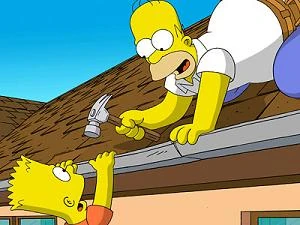 If you're guessing that he falls, you're half right: the roof caves in and Homer falls through it into the living room