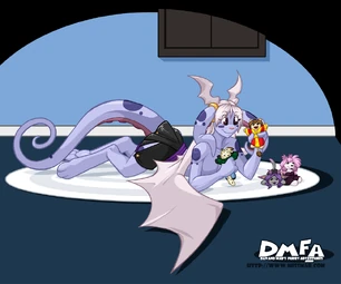 Mink playing with dolls of Abel, Dan, Fa'lina, and a female purple cat character