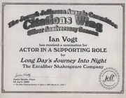 A copy of Excaliber Shakespeare Company of Chicago Acting Company Member Ian Vogt's 1998 Chicago Joseph Jefferson Citation Award Nomination for Outstanding Actor In A Supporting Role In A Play for his performance as Edmund Tyrone in O'Neill's "Long Day's Journey Into Night