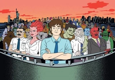  From left to right starting with the guy in the blue tie and ending with the guy in the violet tie: Frank Grimes, Callie Maggotbone (with Doug the Koala Man behind her), Mark Lilly, Randall Skeffington, Leonard Powers, and Twayne the Bone-Raper. Not pictured: Aldremach Maggotbone.