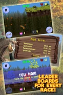 An image from the iTunes page of Alpha and Omega: Alpha Run, which features gameplay, the game's high score screen, and the game's win screen.