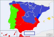 Spanien 1938; grün: Portugal, blau: Republik Spanien, rot: Franquisten, gelb: Italien