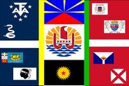 This august 2008 (very eclectic) creation of Xi'Reney was once, at the very beginning of the timeline, the old flag for the Republic of the French Southern Territories, comprising of elements from a vast collection of territoires d'outre-mer. It later was replaced in october 2008 by the current design and briefly relegated to a coat of arms despite its flag nature before eventually dissapearing entirely. It wasn't forgotten about for a myriad of reasons however, and Trainor90 reused its design in the current coat of arms of the Republic of the French Southern Territories in 2017.