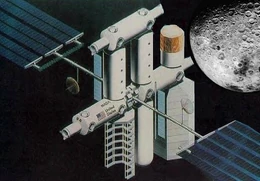 Bild zeigt eine künstlerische Darstellung der Mondorbitalstation Freedom