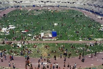 Montevideo desperetly in need of place for host the European refugees use everything at their disposal, this is a stadium inthe city of Punta del Este in 1985.
