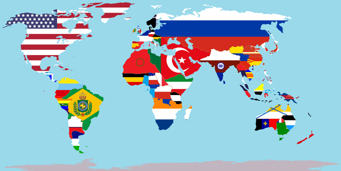 world political map with nations overlaid on their flags (a