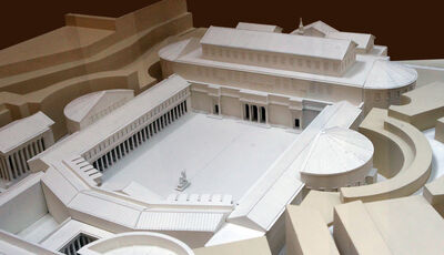 Model of Trajan's Old Forum and the Basilica Ulpia,  with the original market hemicycle visible on the right