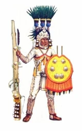 Aztekischer Elite-Arkebusenträger 1577 (Schild dient als Ständer für Arkebuse)