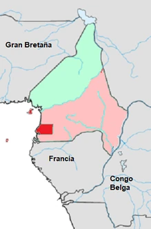 En rojo la Guinea Española hasta 1914 - En rosa los territorios adquiridos en 1919
