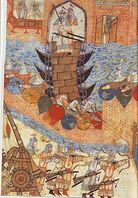 Persian painting of Hülegü’s army attacking city with siege engine