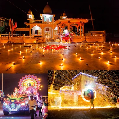 Scenes from Diwali celebrations in Guyana. Like Indian Hindus, Guyanese Hindus light small clay lamps called diyas to mark the night of Diwali and also have public celebrations with firecrackers and light streamers. A local Guyanese twist on the holiday is the Guyanese tradition of having a Diwali motorcade, where groups of youth from local mandirs (Hindu temples) will wear traditional clothing (often dressed as figures from the Ramayana, the Hindu epic that Diwali originated from) and vividly decorate cars and parade floats with colorful lights