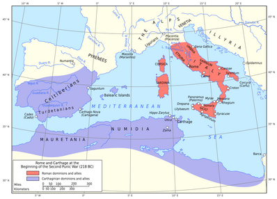 Map of Rome and Carthage at the start of the Second Punic War