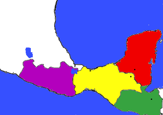 The Zapotecs after the War with Uaxactun. Zapotec lands in Purple.