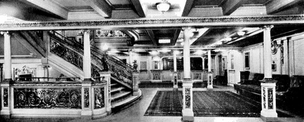 Forward Grand Staircase, C-Deck Landing (Purser's Office in the background)