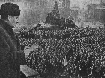 Klement Gottwald speaks to the gathered demonstrators at the Old Town Square, 21 February 1948.
