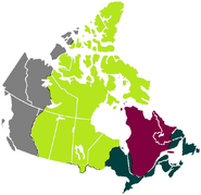 Canadian Civil War (1937-1946). English Canadian's (Nationalists) in dark green, the French Canadian's (Québécois) in burgundy, Assiniboia in lime green and Alyseka in grey.