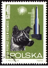 Polnische Briefmarke mit der Weltraumhündin Laika