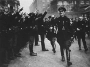 Mosley and his blackshirts outside of the Parliament, celebrating their victory in the 1935 general election.