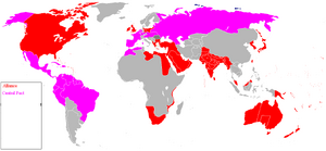 Map of the participants in Great War: Grand Alliance in red, Central Pact in pink, and neutral countries in grey