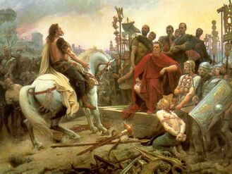 X throws down his arms in front of Roman general X during the Gallic Wars.