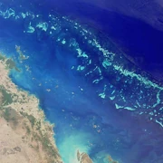 Imagen por satélite de parte de la Gran Barrera de Coral, Patrimonio de la Humanidad por la Unesco.