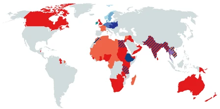 Map of the nations participating in the Second Great War. The countries of the Anticolonialist bloc are indicated in blue, while the red and the orange colors represent the Imperialist bloc. Countries with stripes (f.e. India) are the ones which switched sides or became independent during the war.