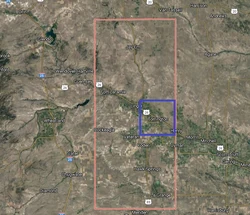 A map of eastern Wyoming and western Nebraska, with Wyoming's Goshen County highlighted in red. Within Goshen County, the newly-created federal District of Kennedy (where Torrington is located) is highlighted in blue. The land in the District of Kennedy is no longer part of Goshen County, and is governed by the Torrington City Council. As it is a federal district, the US Congress holds supreme authority, and may at its discretion overturn laws passed by the City Council.