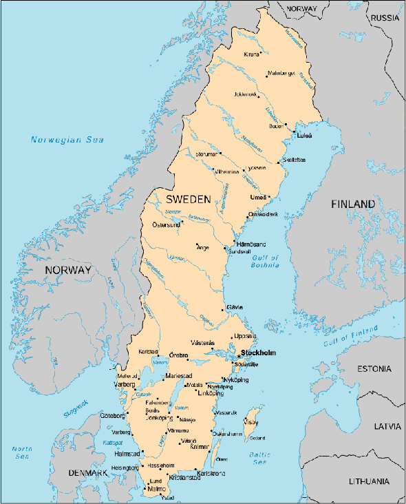 Политическая карта Швеции. Швеция на карте. Крупные города Швеции на карте.
