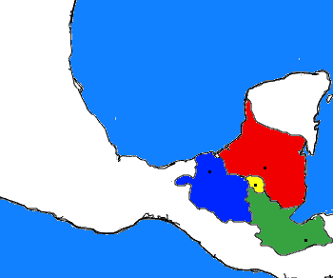 The Maya States in the year 1138 (385 AD). Palenque in Blue, Tikal in Red, Copan in Green and Uaxactun in Yellow.
