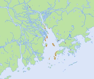 map reflecting coastal changes resulting from erosion in the Pearl River Delta (green: land, light blue: water, dark blue: former land now underwater, tan: land formerly underwater