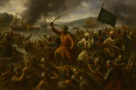 "The Second Battle of Batinoo", oil on canvas, anonymous Baydiyya artist, c. 1820. The painting dramatizes General Zomana Ouane leading a combined Malian, Arab, and Baniwa force against the encircled English army of Robert Bowes along the Batinoo River in 1528.