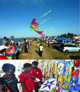 Guyanese Christians traditionally celebrate Easter by flying kites. The bottom picture shows an Afro-Guyanese family selecting a kite to buy at a local market in Georgetown