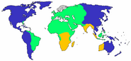 World Religions, Blue is Buddhism, Green is Islam, Orange is Hinduism, Christianity is Grey.