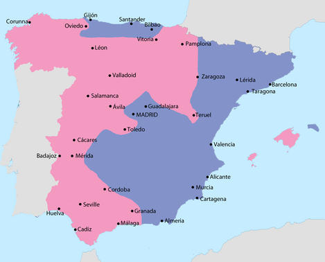 Carte de l'Espagne en 1939 - la République en bleu et en rose l'Etat espagnol