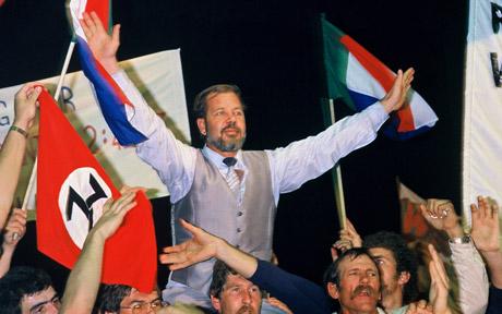 Eugene Terreblanche, leader of the South African far-right political  movement the Afrikaners Weerstandsbeweging (AWB), addresses an AWB public  meeting in Boksburg, South Africa on February 22, 1989. (AP Photo Stock  Photo - Alamy