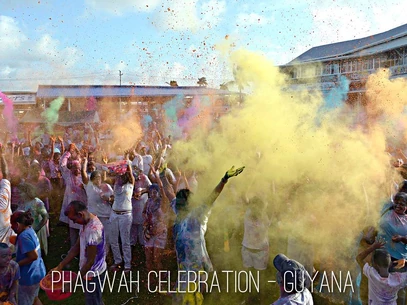 A scene from a Phagwah (pronounced PAHG-wah) celebration in Guyana in 2015. In India, this festival is known as Holi. In Guyana, the names Phagwah and Holi are used interchangeably, due to the ancestors of most Indo-Guyanese coming from a Bhojpuri-speaking part of India, where Phagwah/Holi takes place in a month called Phagun in the Bhojpuri language calendar