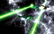 A Dravimos destroyer flees from a Solarian Artillery Ship.