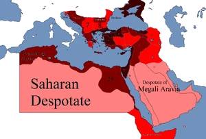 Electricity consumption within the Byzantine Empire.

Darkest Red = 1 trillion KWH,

Dark Red = 500 Billion KWH,

Red = 300 Billion KWH,

and Pink = <100 billion KWH.
