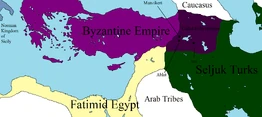 Territorial Concessions made by the Seljuk Turks in the aftermath of the war. The three major battles of the conflict are labeled on the map.