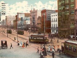 Postcard portrayal of street cars in 1906 New Orleans
