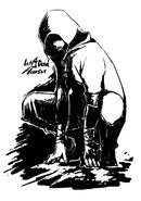 Ink sketch of a Black Hoods commando, drawn by a Bay Republic victim.