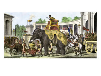 Victorious-hannibal-on-an-elephant-bringing-trophies-and-roman-prisoners-into-arena