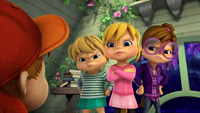 The Chipettes frowning at The Chipmunks