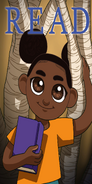 Art from the second game, A poster with Amanda with the words "READ" over her head.