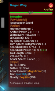 Screenshot of the tooltip giving the statistics of the Dragon Wing artifact