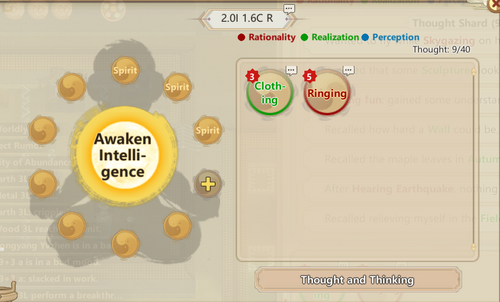 Screenshot of the "Awakening Intelligence and Thinking" menu, showing an animal with three Intelligence shards and 2 completed Thoughts