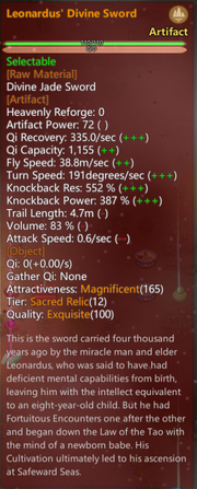 In-game screenshot of the description thumbnail of the T12 Artifact Leonardus' Divine Sword