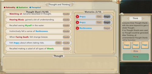 Screenshot of the Thought and Thinking Menu for an animal ready to use the "Think" Action for the "Angry" thought shard