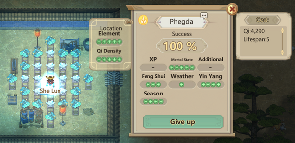 Screenshot of a cultivator undergoing breakthrough in a cultivation room with the breakthrough chance window opened right next to them